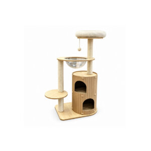 Wooden Cat Tree with House and Clear Bowl L02