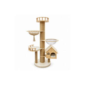 Wooden Cat Tree with Baskets and Clear Bowl