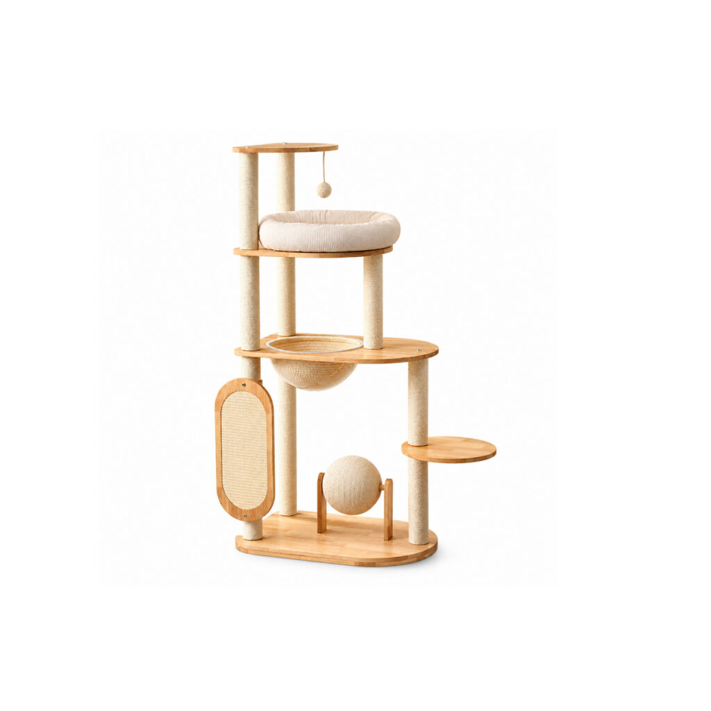 Wooden Cat Tree with Clear Bowl and Scratch Panel H02