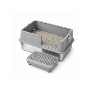 Side-Entry Stainless Steel Litter Box with Tracking Step